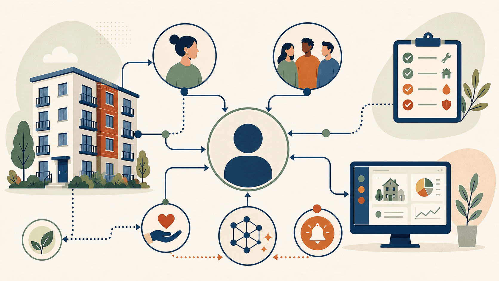 Abstract map of connected work, systems, and outcomes in a residential operating company